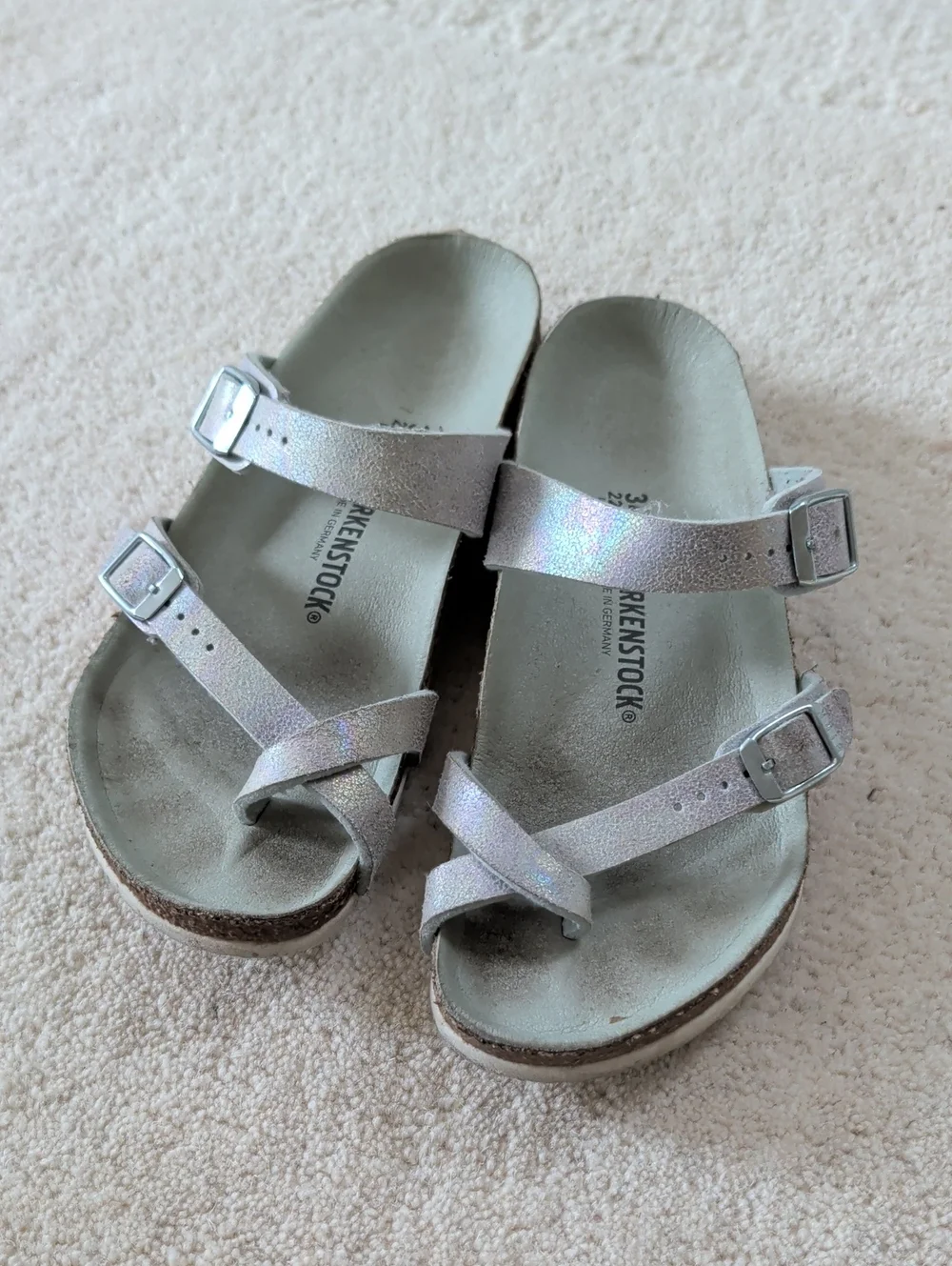 Birkenstock Iridescent Silver Two-Strap Sandals, Size 34, Girls Size 3-3.5